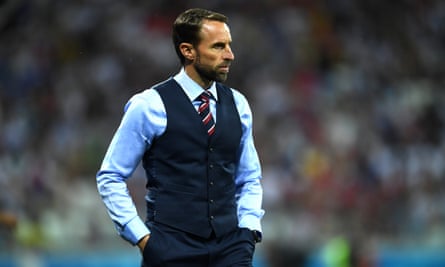 Southgate in snug waistcoat and red, white and blue tie.