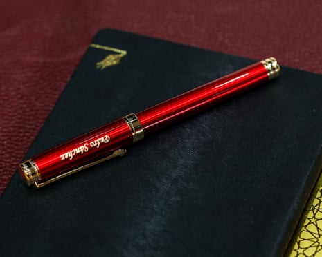A pen with the name of Spanish prime minister Pedro Sánchez, on the day of a meeting of the North Atlantic Council (NAC) during the NATO leaders' summit in Ankara, Turkey.
