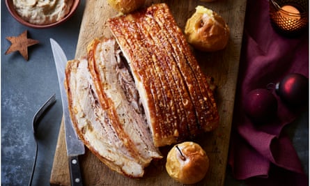 Roast belly of pork with baked apples.