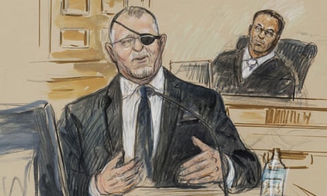 This artist sketch depicts the trial of Oath Keepers leader Stewart Rhodes, left, as he testifies before U.S. District Judge Amit Mehta on charges of seditious conspiracy in the Jan. 6, 2021, Capitol attack, in Washington, Monday, Nov. 7, 2022. Rhodes is on trial with four others for what prosecutors have alleged was a plan to stage an armed rebellion to stop the transfer of presidential power (from Donald Trump to election-winner Joe Biden.)