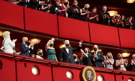 President Biden was joined by the first lady, Jill Biden, vice president Kamala Harris and her husband, Doug Emhoff. House speaker, Nancy Pelosi, and chief justice John Roberts ensured the heads of all three branches of government were present in the Center’s main opera house.