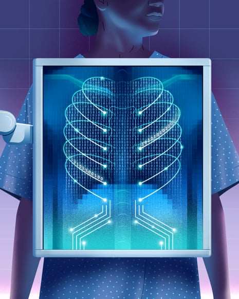 An X-ray scan screen glowing with binary code and circuit lines