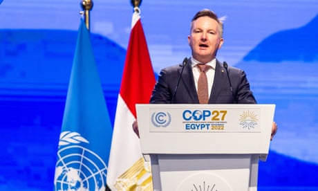 Australia’s climate change and energy minister, Chris Bowen, addresses delegates in a plenary session during the Cop27 UN Climate Change Conference in Sharm El-Sheikh, Egypt.