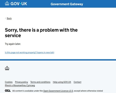 A screengrab of the HMRC website during the outage on Monday 20 October.