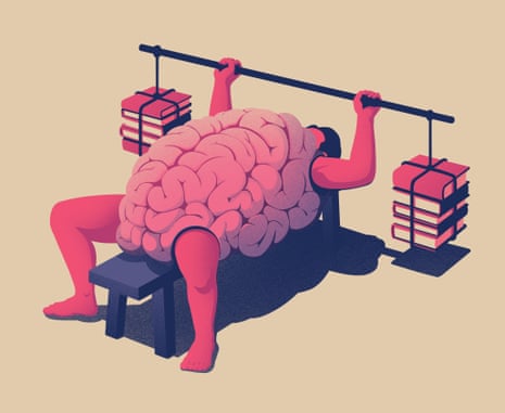 A brain doing benchpresses with books as weights