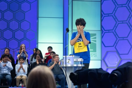 Dev Shah, 14, of Largo, Florida, spells the winning word (psammophile) and becomes the winner of the 2023 Scripps National Spelling Bee in Oxon Hill, Maryland.