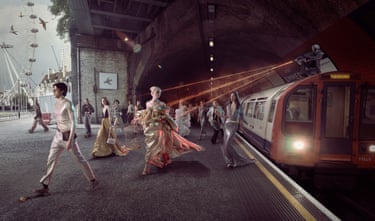 Individuation (energy) 2024–25. People in fashionable clothing walk away from a subway station tube train. A strange figure on top of the train is pointing a rifle at the people from which a number of laser beams is emerging.
