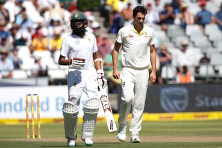 Pat Cummins after being hit for four by Hashim Amla during the ‘sandpaper’ Test at Cape Town in 2021
