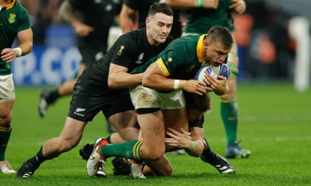 Will Jordan tackles on a night when the tournament’s to try scorer had little impact in attack for the All Blacks.