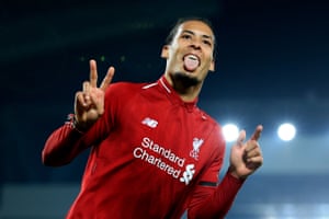 Van Dijk celebrates after scoring his second goal and fifth for Liverpool.