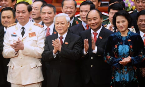 Vietnam’s Communist party general secretary Nguyen Phu Trong, flanked by politburo members.