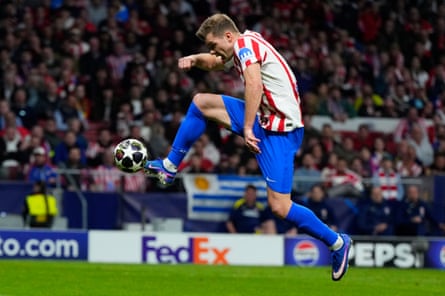 Alexander Sørloth on his way to scoring his third goal and Atlético Madrid’s fourth against Club Brugge