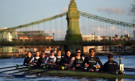 The University of Oxford men's rowing team during a training session on the River Thames in London on Wednesday.