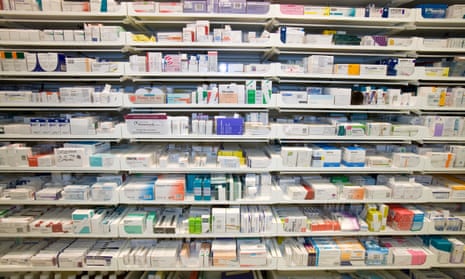 Medicines on shelves of pharmacy