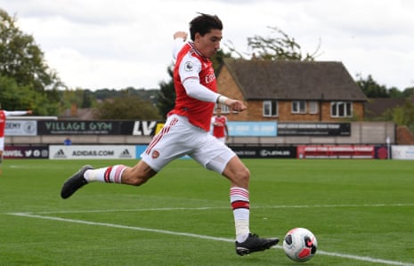 Hector Bellerín in action for the Arsenal Under-23s against Liverpool at Meadow Park in Borehamwood.