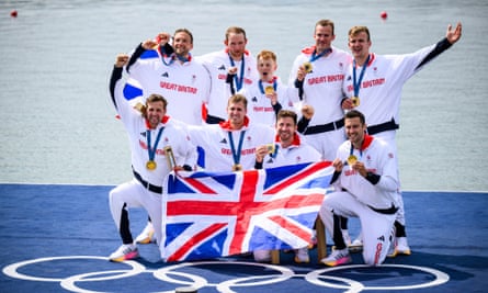The Team GB rowing eight show off their gold medals