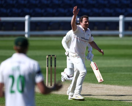 Leicestershire’s Josh Davey appeals for LBW against Timm van der Gugten during the match against Glamorgan at Sophia Gardens