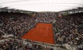 General view of in the women’s singles first round match between Elena Rybakina and Greet Minnen as the roof is closed on Court Suzanne Lenglen on day three of the 2024 French Open