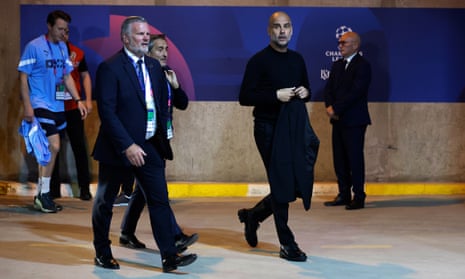 Pep Guardiola arrives at the stadium ahead of the showdown with Inter.