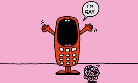 Illustration of a mobile phone with speech bubble saying ‘I’m gay’
