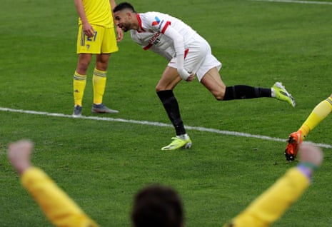 Youssef En Nesyri celebrates after scoring a hat-trick against Cádiz.