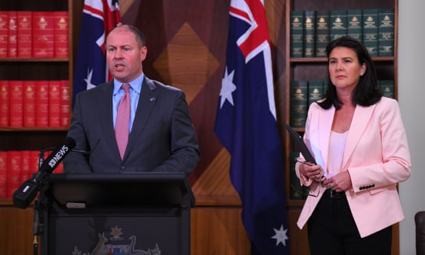 Australian treasurer Josh Frydenberg and assistant minister for superannuation Jane Hume at a press conference after the release of the independent review