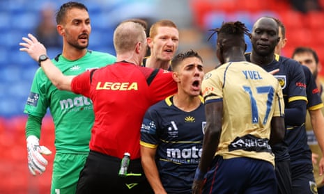 Tempers fray in the F3 derby at McDonald Jones Stadium on the opening weekend of the A-League Men season. 