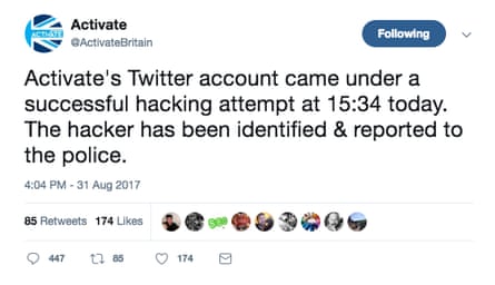 Tweet from @ActivateBritain claiming a hacking attempt