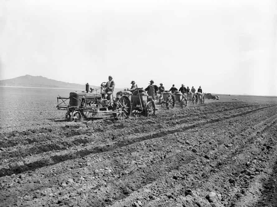 people on tractor in field