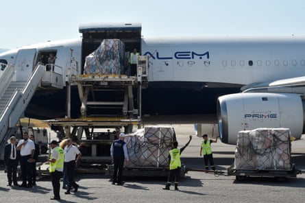 Airport workers unload medical supplies and tools provided by the World Health Organization (WHO) to Lebanon, at Rafic Hariri International Airport, in Beirut, Lebanon, 05 August 2024.