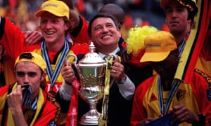 Graham Taylor is all smiles as he and his Watford players celebrate promotion to the Premier League