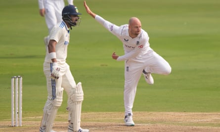 England’s Jack Leach bowls during the second day of the first Test against India