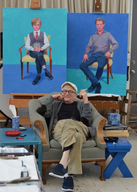 Have a seat … Hockney smokes by two works.