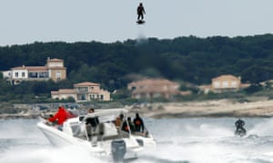 Jet ski champion Franky Zapata hovers in the air as he breaks the Guiness World Records for furthest flight by hoverboard.