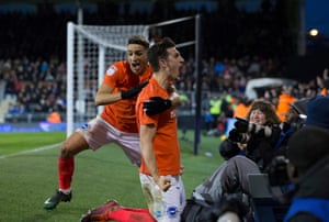 Brighton & Hove Albion’s Lewis Dunk (right) celebrates scoring his side’s second goal with teammate Anthony Knockaert during the Championship match at Fulham in January 2017.