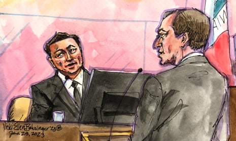 Elon Musk is questioned in federal court in San Francisco, as seen in a courtroom sketch, on 23 January.