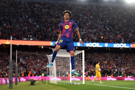 Lamine Yamal of Barcelona celebrates scoring against Espanyol in La Liga