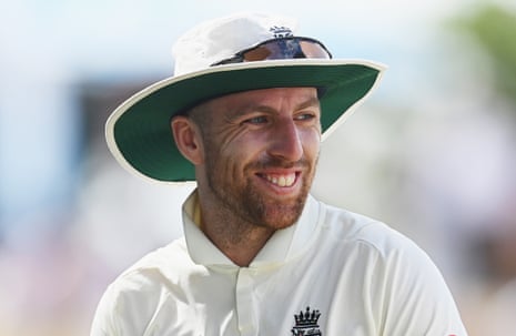 Jack Leach smiles during the third day of the first Test against West Indies in March 2022 in Antigua.