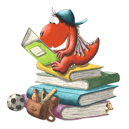 Illustration of Coconut the Little Dragon sat on a pile of books.