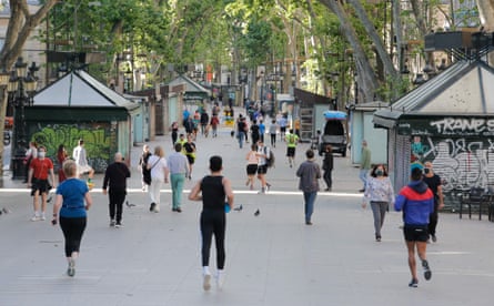 Locals exercising along La Rambla in Barcelona,