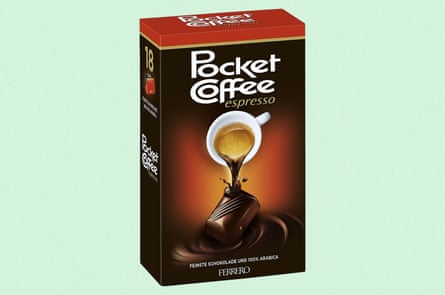 Box of Pocket Coffee candy, with a photo of a cup of espresso pouring over a chocolate bar