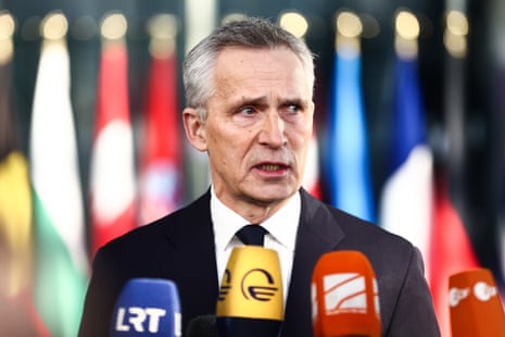Secretary general Jens Stoltenberg speaks to members of the media ahead of a Nato defence ministers’ meeting in Brussels.
