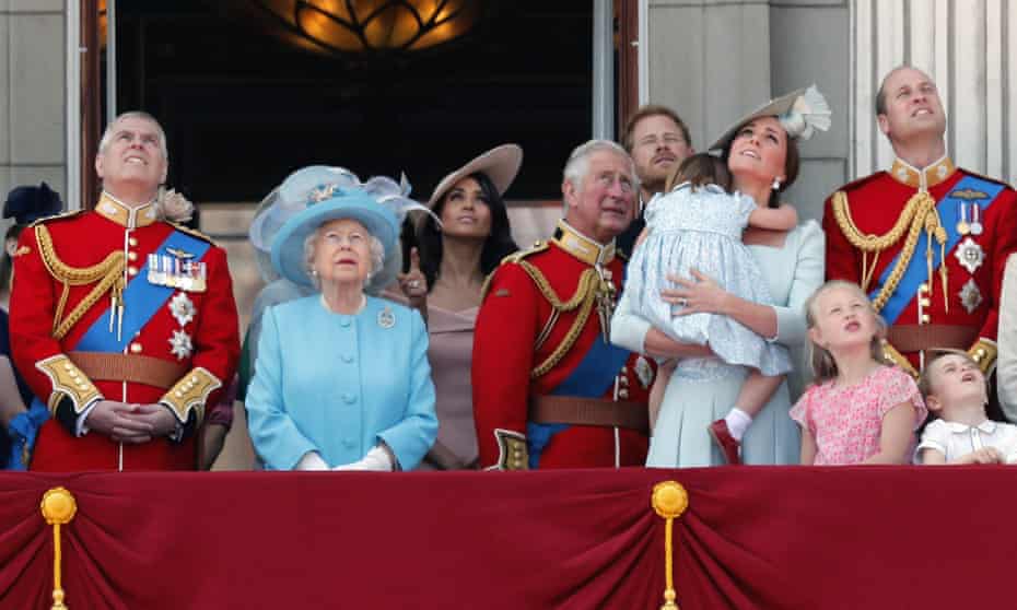 From left, Britain's Prince Andrew, Queen Elizabeth, Meghan Duchess of Sussex, Prince Charles, Prince Harry, Kate Duchess of Cambridge and Prince William attend the annual Trooping the Colour ceremony in London, Saturday, June 9, 2018