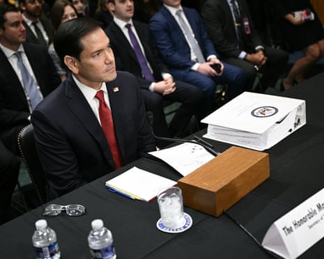 US secretary of state Marco Rubio takes his seat as he arrives to testify at a Senate foreign relations committee hearing.