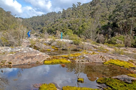 Plan large d'un vététiste, vêtu d'une tenue et d'un casque bleus, dans un paysage de montagnes, de grands arbres et d'un ruisseau à Derby, au nord-est de la Tasmanie