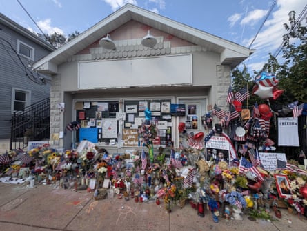 Tributes to Charlie Kirk outside the converted garage in Chicago where he started Turning Point USA.