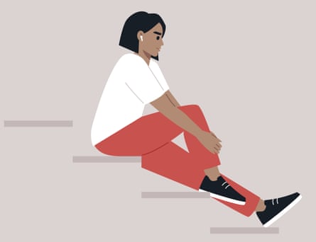 An illustration of a woman wearing earpods sitting on stairs hugging a knee