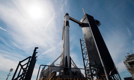 A SpaceX Falcon 9 rocket with the Crew Dragon spacecraft at the Kennedy Space Center in Florida.