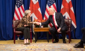 Donald Trump shakes hands with Theresa May at the UN general assembly