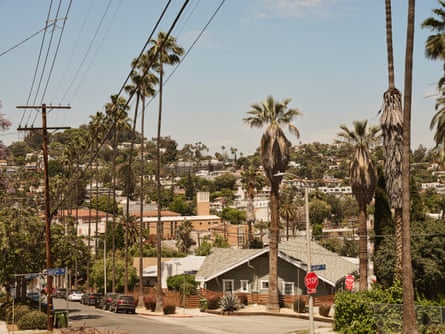 A view of Silver Lake and the neighboring hills from Maltman Avenue.